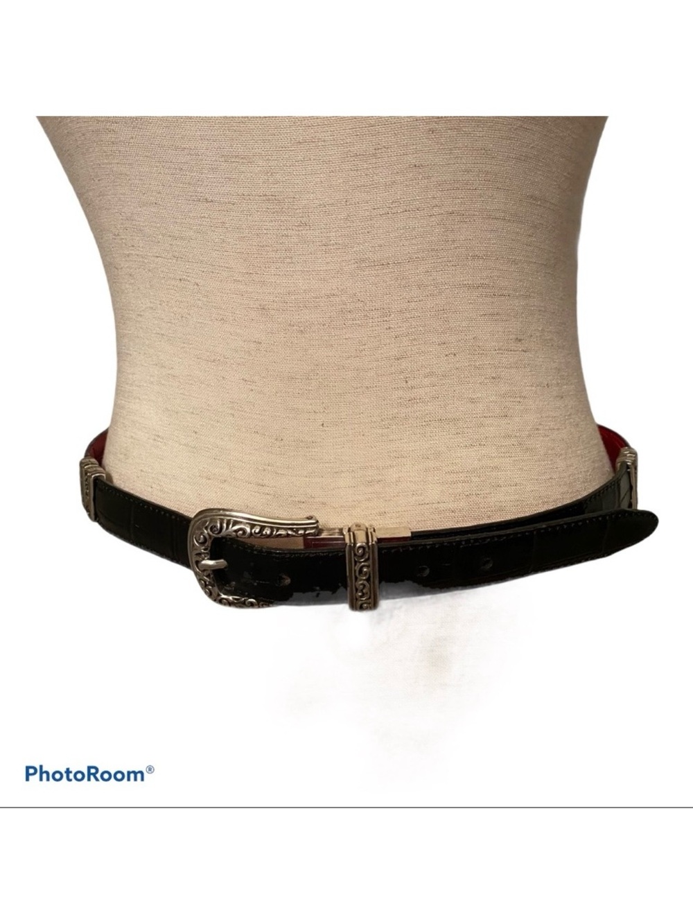 BRIGHTON BELT BLACK RED LEATHER REVERSIBLE SILVER TONE HARDWARE size 32
